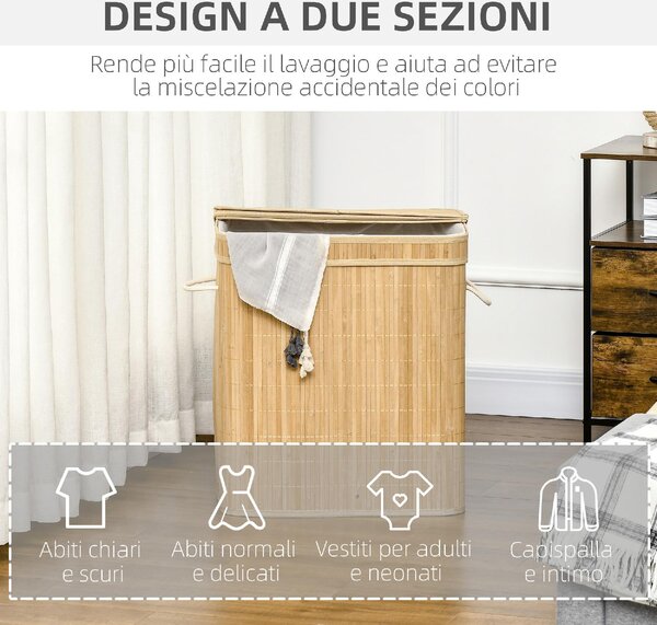 DecHome Cesto Portabiancheria da 90L Pieghevole con 2 Scomparti, Coperchio e Manici in Bamb - U5020ND