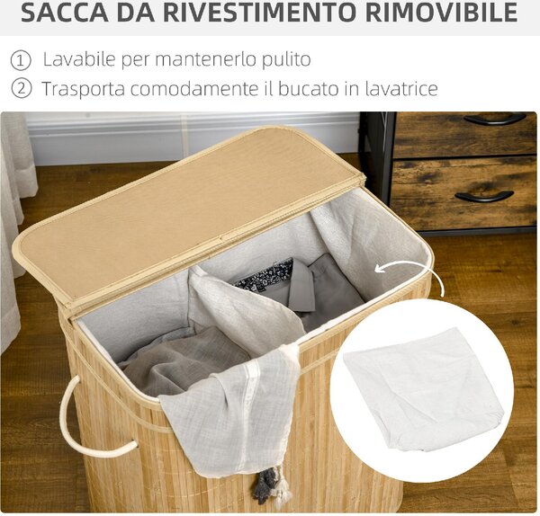 DecHome Cesto Portabiancheria da 90L Pieghevole con 2 Scomparti, Coperchio e Manici in Bamb - U5020ND