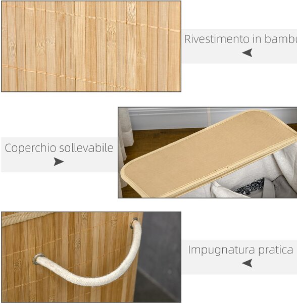 DecHome Cesto Portabiancheria da 90L Pieghevole con 2 Scomparti, Coperchio e Manici in Bamb - U5020ND