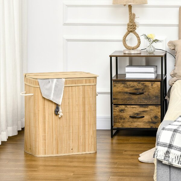 DecHome Cesto Portabiancheria da 90L Pieghevole con 2 Scomparti, Coperchio e Manici in Bamb - U5020ND