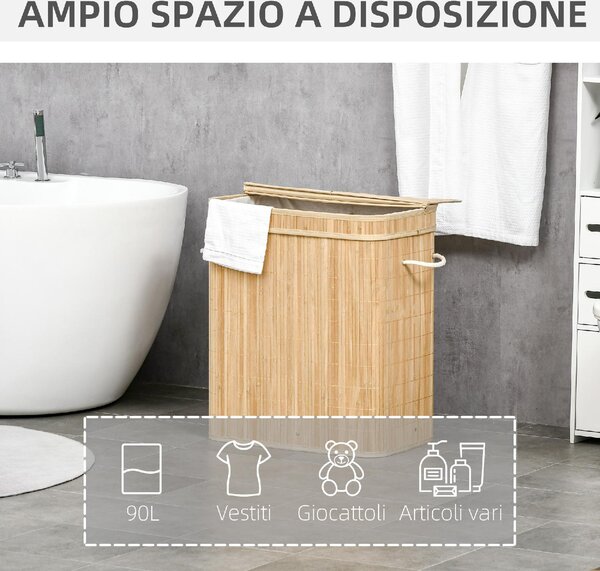 DecHome Cesto Portabiancheria da 90L Pieghevole con 2 Scomparti, Coperchio e Manici in Bamb - U5020ND