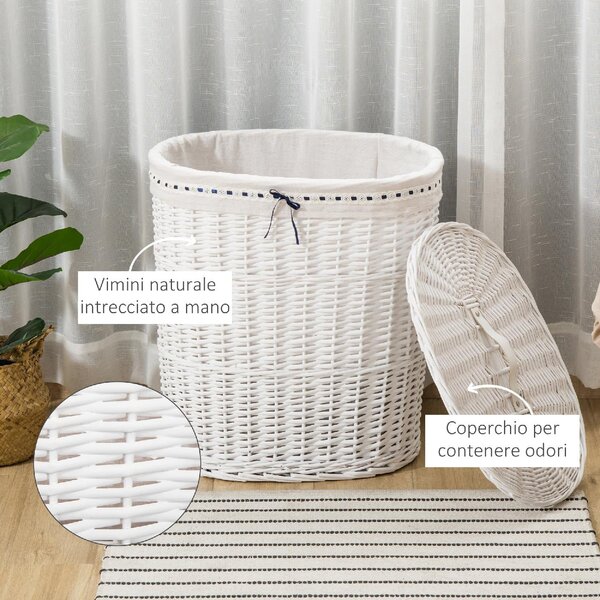 DecHome Cesto Portabiancheria in Vimini con Coperchio e Sacco Interno in Tessuto Lavabile Bianco - 145WT850