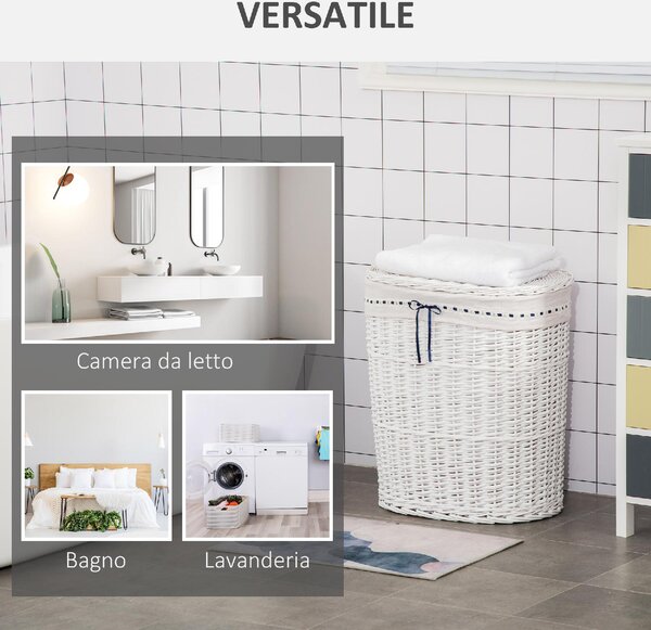 DecHome Cesto Portabiancheria in Vimini con Coperchio e Sacco Interno in Tessuto Lavabile Bianco - 145WT850