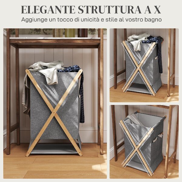 DecHome Cesto Portabiancheria Pieghevole 55L in Tessuto e Telaio in Bamb colore Legno e Grigio - 0NDJ552