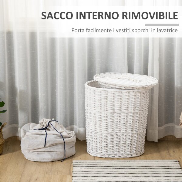 DecHome Cesto Portabiancheria in Vimini con Coperchio e Sacco Interno in Tessuto Lavabile Bianco - 145WT850