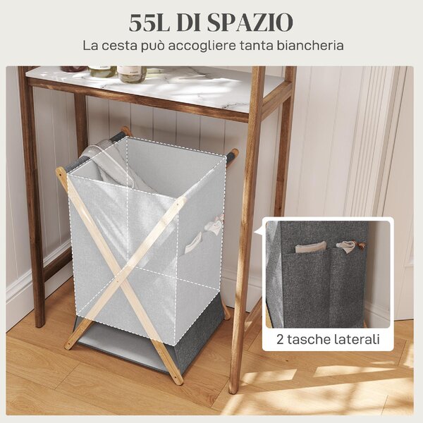 DecHome Cesto Portabiancheria Pieghevole 55L in Tessuto e Telaio in Bamb colore Legno e Grigio - 0NDJ552