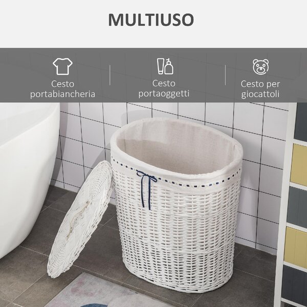 DecHome Cesto Portabiancheria in Vimini con Coperchio e Sacco Interno in Tessuto Lavabile Bianco - 145WT850
