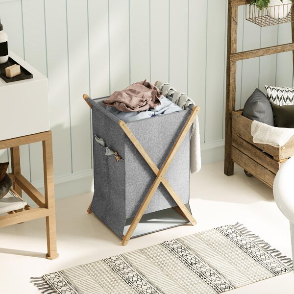 DecHome Cesto Portabiancheria Pieghevole 55L in Tessuto e Telaio in Bamb colore Legno e Grigio - 0NDJ552