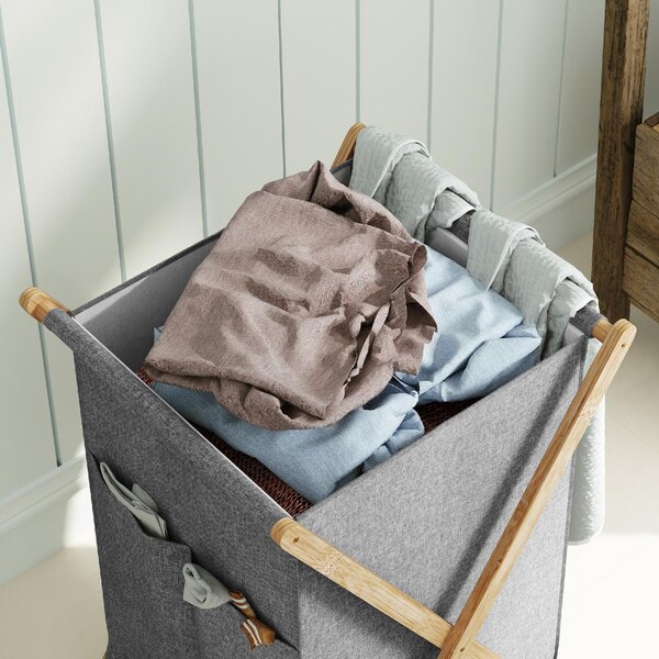 DecHome Cesto Portabiancheria Pieghevole 55L in Tessuto e Telaio in Bamb colore Legno e Grigio - 0NDJ552