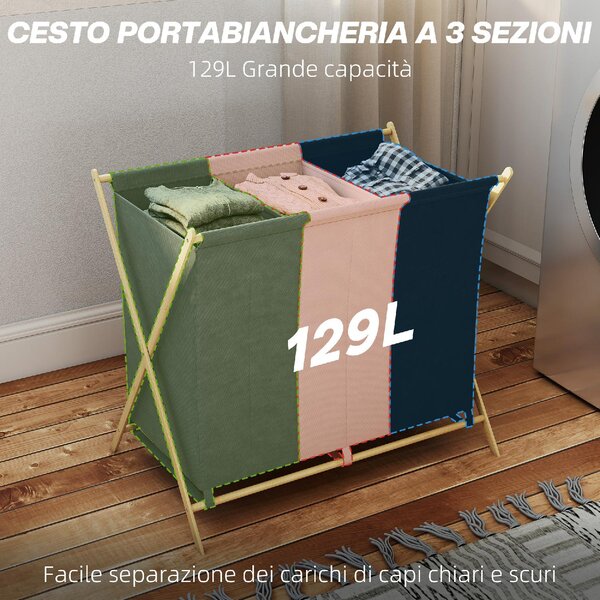 DecHome Cesto Portabiancheria Pieghevole a 3 Scomparti, in Bamb e Tessuto Effetto Lino 75x48x67 cm Multicolore - L4070MX