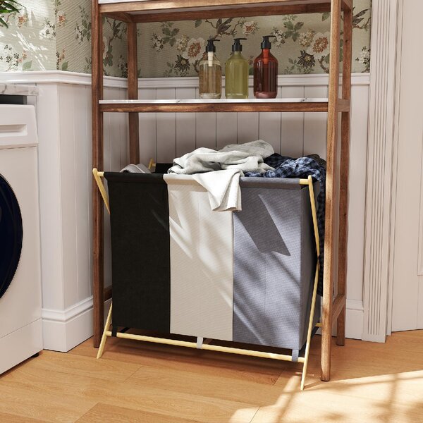 DecHome Cesto Portabiancheria Pieghevole a 3 Scomparti, in Bamb e Tessuto Effetto Lino 75x48x67 cm Multicolore - L4070MX