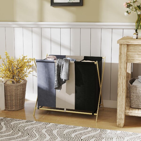 DecHome Cesto Portabiancheria Pieghevole a 3 Scomparti, in Bamb e Tessuto Effetto Lino 75x48x67 cm Multicolore - L4070MX