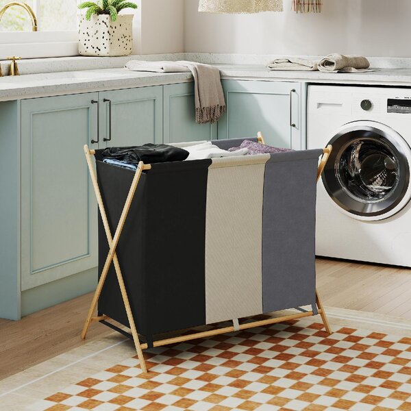 DecHome Cesto Portabiancheria Pieghevole a 3 Scomparti, in Bamb e Tessuto Effetto Lino 75x48x67 cm Multicolore - L4070MX