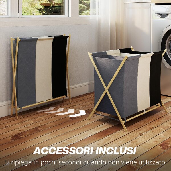 DecHome Cesto Portabiancheria Pieghevole a 3 Scomparti, in Bamb e Tessuto Effetto Lino 75x48x67 cm Multicolore - L4070MX