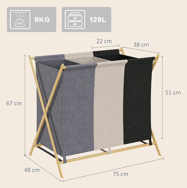 DecHome Cesto Portabiancheria Pieghevole a 3 Scomparti, in Bamb e Tessuto Effetto Lino 75x48x67 cm Multicolore - L4070MX