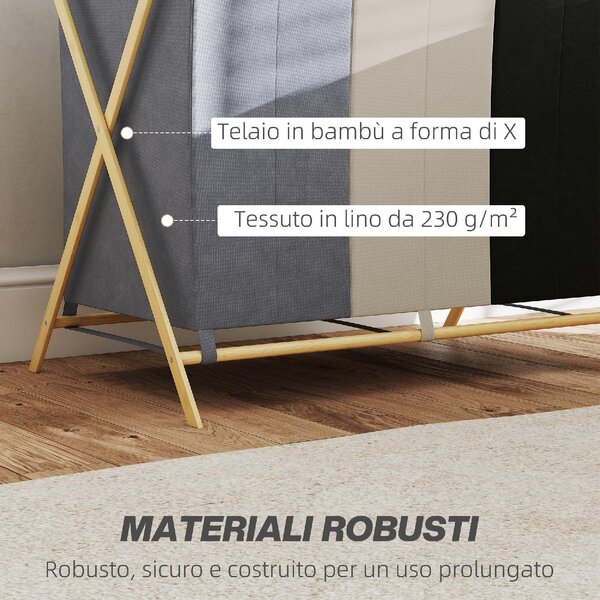 DecHome Cesto Portabiancheria Pieghevole a 3 Scomparti, in Bamb e Tessuto Effetto Lino 75x48x67 cm Multicolore - L4070MX