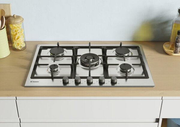 Candy CHG 74 WX Serie Timeless Piano Cottura 5 Fuochi a Gas 75 cm Griglie in Ghisa (1 Bruciatore Doppia Corona) colore Inox