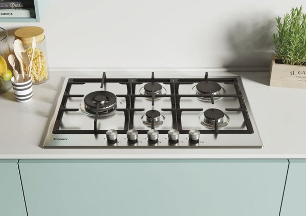 Candy CHG7WLWPX Piano Cottura 5 Fuochi a Gas 75 cm Griglie in Ghisa (1 Bruciatore Doppia Corona) colore Inox