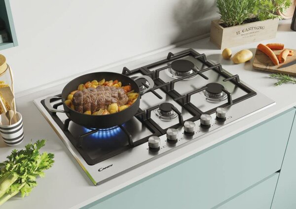 Candy CHG7WLWPX Piano Cottura 5 Fuochi a Gas 75 cm Griglie in Ghisa (1 Bruciatore Doppia Corona) colore Inox