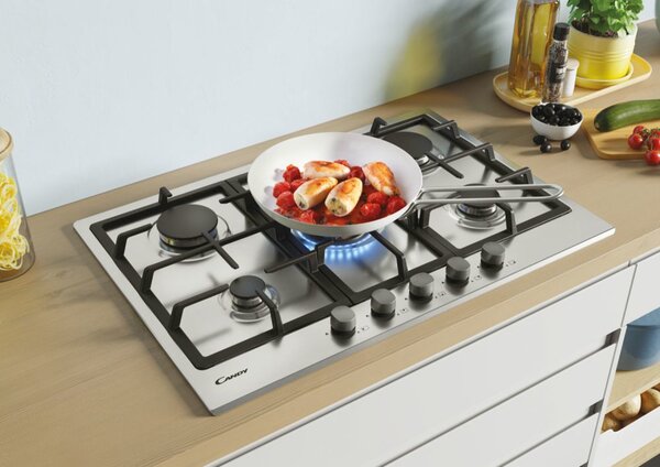 Candy CHG 74 WX Serie Timeless Piano Cottura 5 Fuochi a Gas 75 cm Griglie in Ghisa (1 Bruciatore Doppia Corona) colore Inox