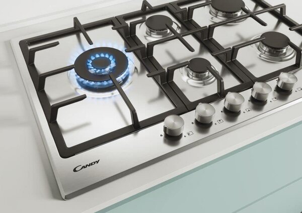 Candy CHG7WLWPX Piano Cottura 5 Fuochi a Gas 75 cm Griglie in Ghisa (1 Bruciatore Doppia Corona) colore Inox