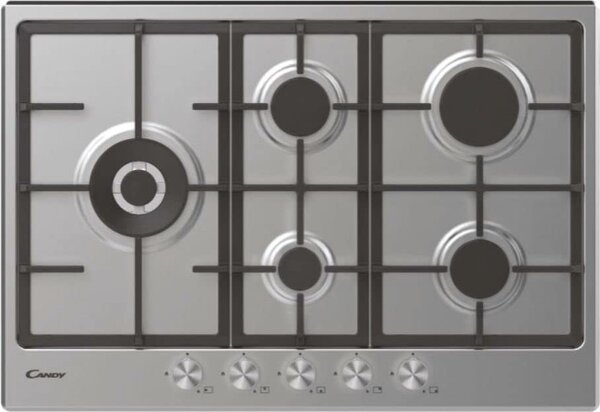 Candy CHG7WLWPX Piano Cottura 5 Fuochi a Gas 75 cm Griglie in Ghisa (1 Bruciatore Doppia Corona) colore Inox