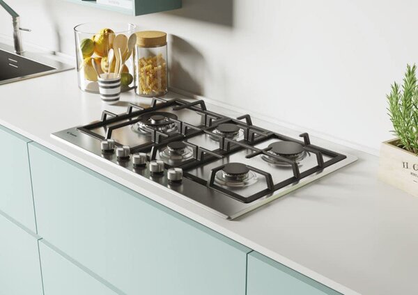 Candy CHG7WLWPX Piano Cottura 5 Fuochi a Gas 75 cm Griglie in Ghisa (1 Bruciatore Doppia Corona) colore Inox