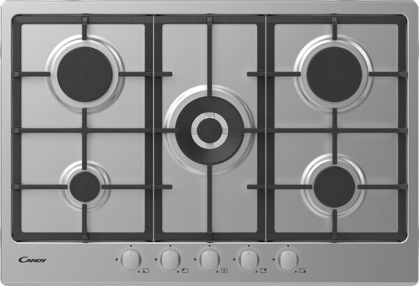 Candy CHG 74 WX Serie Timeless Piano Cottura 5 Fuochi a Gas 75 cm Griglie in Ghisa (1 Bruciatore Doppia Corona) colore Inox