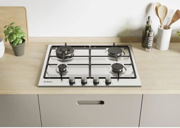 Candy CHW6BR4WX Serie Timeless Piano Cottura 4 Fuochi a Gas 60 cm (1 Bruciatore Doppia Corona) colore Inox