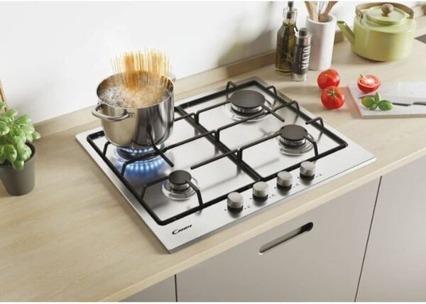 Candy CHW6BR4WX Serie Timeless Piano Cottura 4 Fuochi a Gas 60 cm (1 Bruciatore Doppia Corona) colore Inox