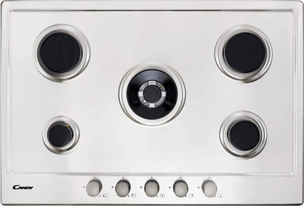 Candy CHW74WX Serie Timeless Piano Cottura 5 Fuochi a Gas 75 cm (1 Bruciatore Doppia Corona) colore Inox