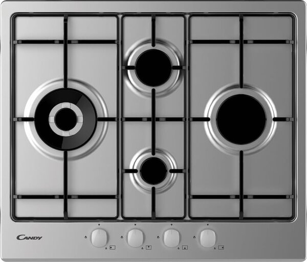Candy CHW6D4WX Serie Timeless Piano Cottura 4 Fuochi a Gas 60 cm (1 Bruciatore Doppia Corona) colore Inox