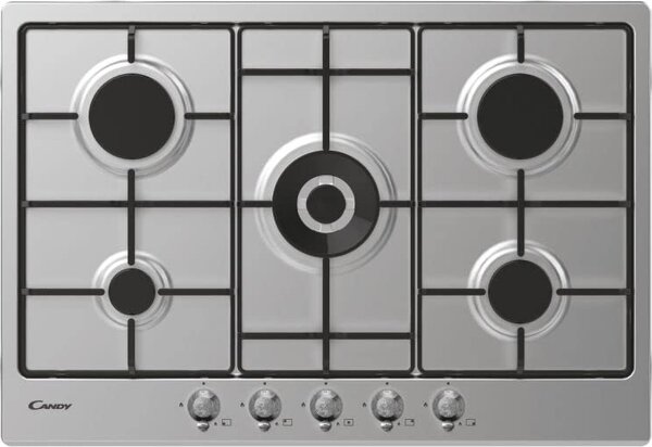 Candy CHW74WTX Piano Cottura 5 Fuochi a Gas 75 cm (1 Bruciatore Doppia Corona) colore Inox