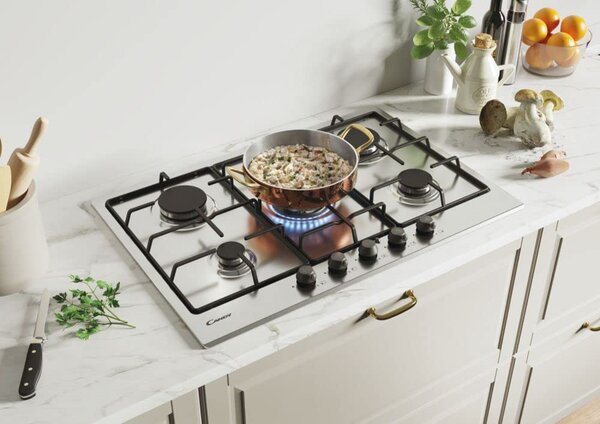 Candy CHW74WTX Piano Cottura 5 Fuochi a Gas 75 cm (1 Bruciatore Doppia Corona) colore Inox