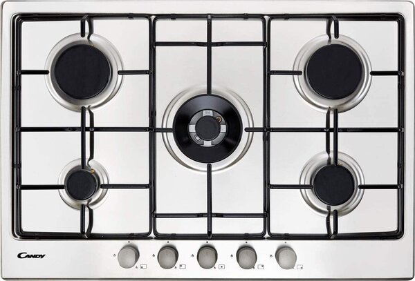 Candy CHW74WX Serie Timeless Piano Cottura 5 Fuochi a Gas 75 cm (1 Bruciatore Doppia Corona) colore Inox