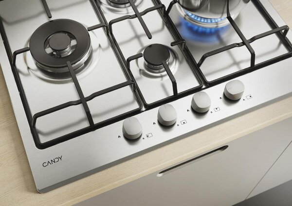 Candy CHW6D4WX Serie Timeless Piano Cottura 4 Fuochi a Gas 60 cm (1 Bruciatore Doppia Corona) colore Inox