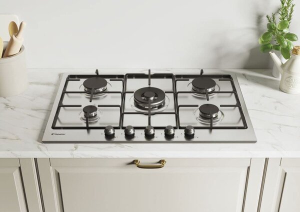Candy CHW74WTX Piano Cottura 5 Fuochi a Gas 75 cm (1 Bruciatore Doppia Corona) colore Inox