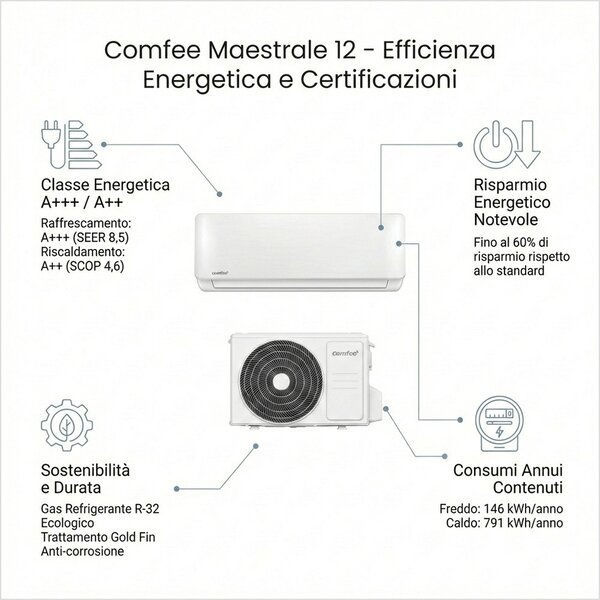 Comfee Climatizzatore 12000 Btu Inverter Monosplit Condizionatore con Pompa di Calore Classe A+++ /A++ R32 WiFi (Unit Interna+ Unit Esterna) - CF