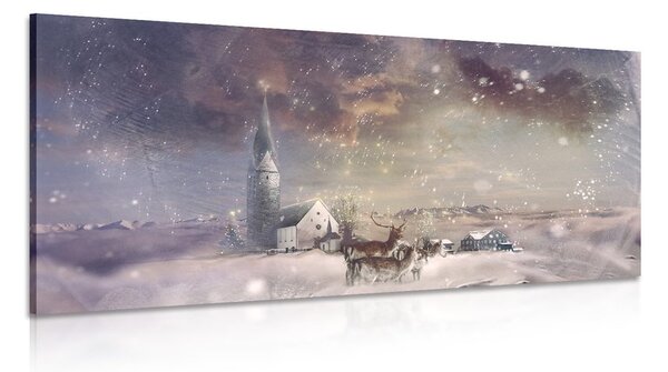 Quadro su tela – Cervo e caprioli nel villaggio innevato