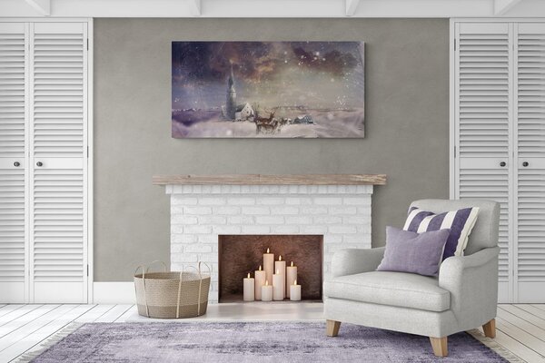 Quadro su tela – Cervo e caprioli nel villaggio innevato