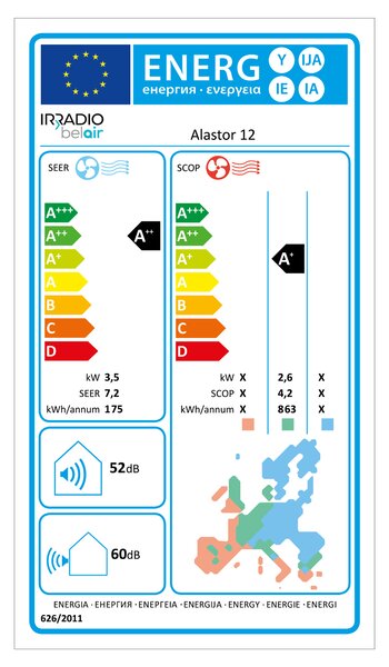 Irradio Climatizzatore 12000 Btu Inverter Monosplit Condizionatore con Pompa di Calore Classe A++/A+ R32 (Unit Interna + Unit Esterna) - ALASTOR 