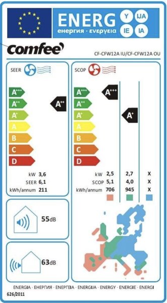 Comfee Climatizzatore 12000 Btu Inverter Monosplit Condizionatore con Pompa di Calore Classe A++/A+ R32 (Unit Interna + Unit Esterna) - CF-CFW12A