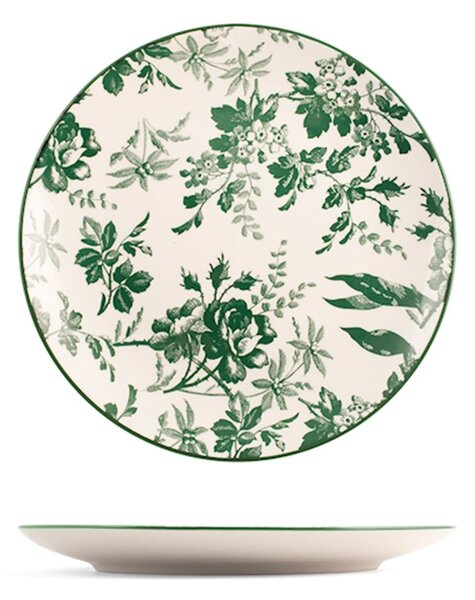 Set 6 piatti piani Margaret in porcellana bianca decorata verde cm 27
