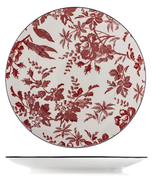 Set 6 piatti piani Elizabeth in porcellana bianca decorata rosso cm 27
