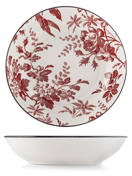 Set 6 piatti fondi Elizabeth in porcellana bianca decorata rosso cm 20