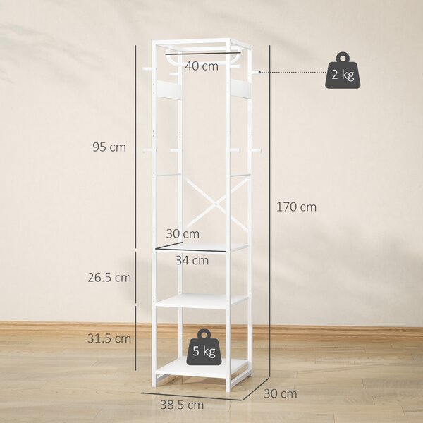 HOMCOM Appendiabiti da Terra con Asta e 2 Ripiani Aperti, in Legno e Acciaio, 38.5x30x170 cm, Bianco e color Legno