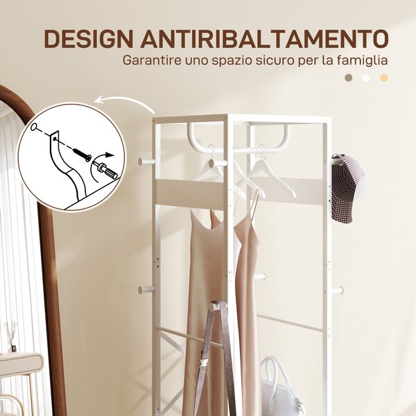 HOMCOM Appendiabiti da Terra con Asta e 2 Ripiani Aperti, in Legno e Acciaio, 38.5x30x170 cm, Bianco e color Legno