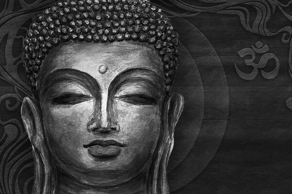 Carta da parati autoadesiva – Volto di Buddha in versione bianco e nero