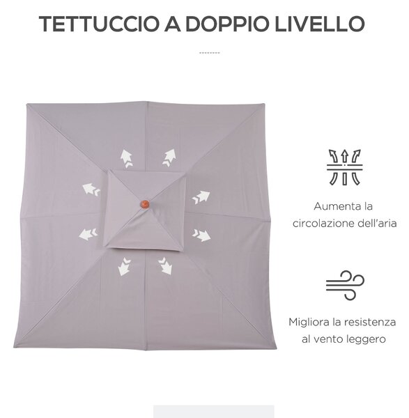 Outsunny Ombrellone da Giardino 3x3m con 8 Stecche in Bambù e Copertura Parasole a 2 Livelli, Grigio