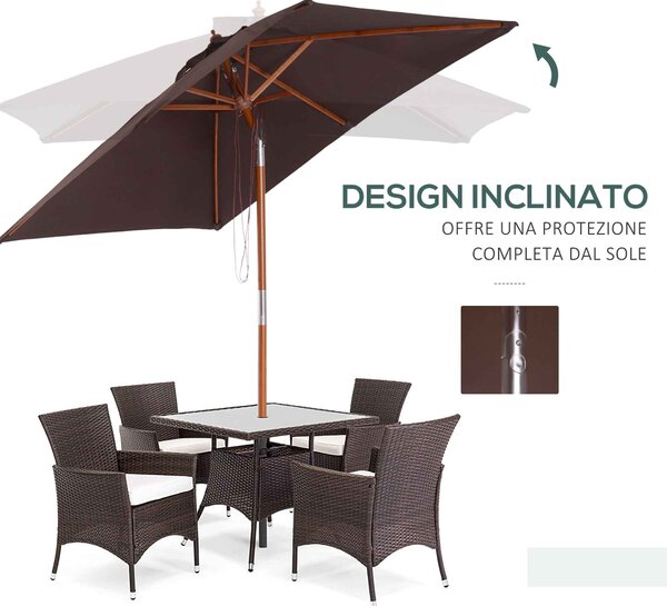 Outsunny Ombrellone Rettangolare Inclinabile 2x1.5 m con 6 Stecche e Apertura a Corda, in Bambù e Poliestere Caffè